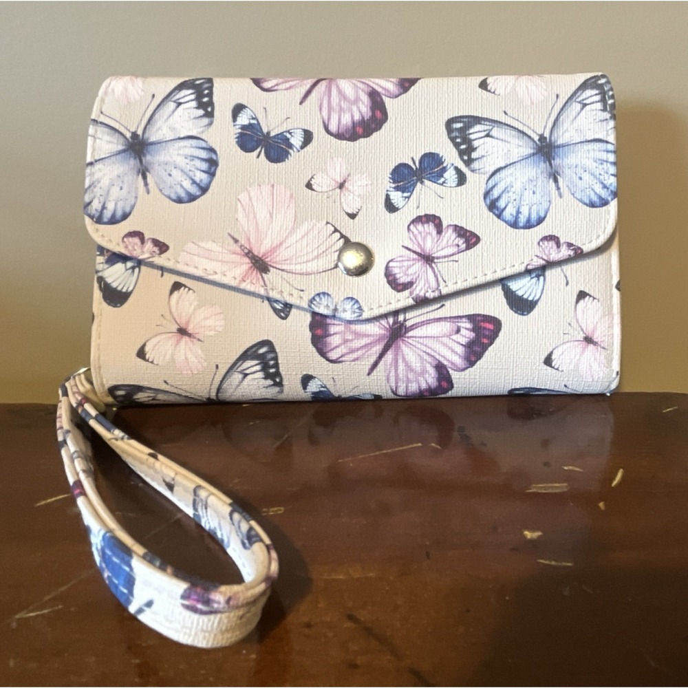 Mundi Butterfly Print Wristlet Wallet Snap Closure ID Window Zipper Pocket